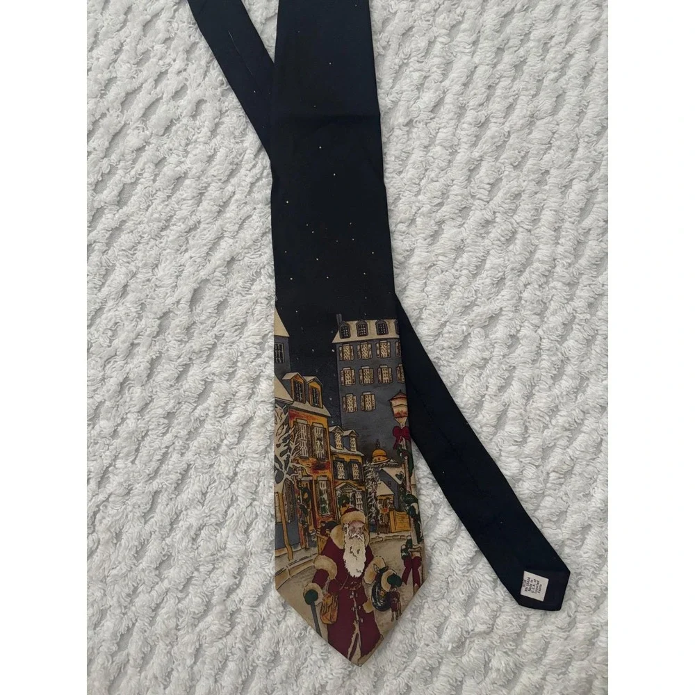 Mark Alexander Mens Silk Christmas Tie Santa Claus Village Black Holiday Necktie